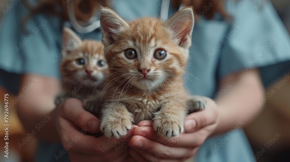 A veterinarian holds two ginger kittens in her hands A veterinarian holds two ginger kittens in her hands