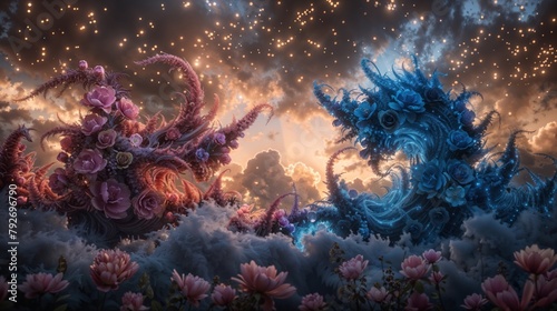 3D Illustration of a fantasy alien landscape with flowers and stars