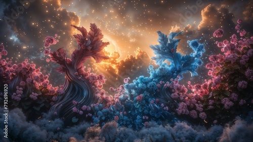 Fantasy landscape with surreal flowers and sky. © Pikay Productions