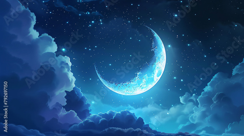 Ramadan Kareem background. Crescent moon and clouds