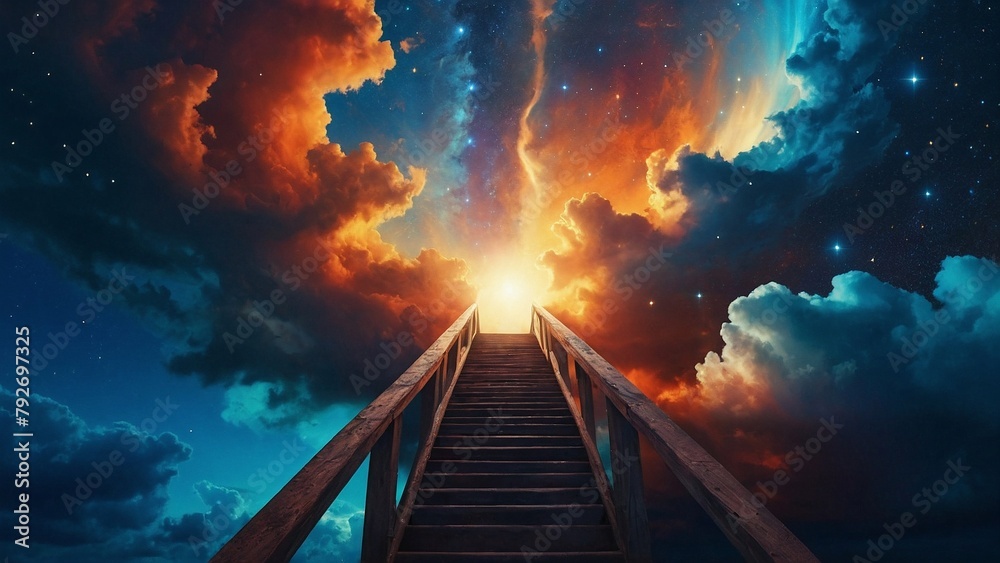 Fantasy stairs, way into another dimension, merging with clouds of different colours, pink, blue, orange