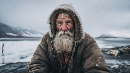 A rugged elderly man sits in a frigid northern environment, his expression etched with stories of survival