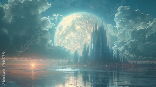 Sci-fi cityscape with a large moon and water in the foreground.