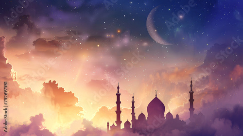 Ramadan Kareem background with mosque in sky
