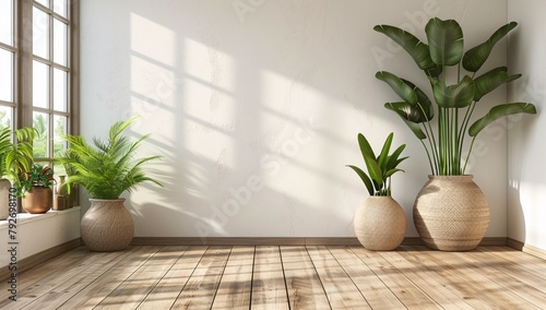 A bright cozy corner in a room decorated with large windows and an assortment of potted plants on wooden floor photo