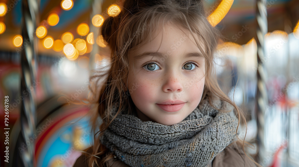 child on carousel feeling happy