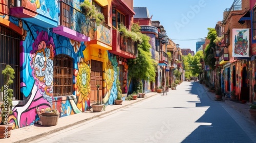 A vibrant street lined with colorful buildings in various hues, creating a picturesque and whimsical scene © Muhammad