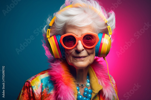 Fashionable elderly woman in sunglasses and headphones on dark background
