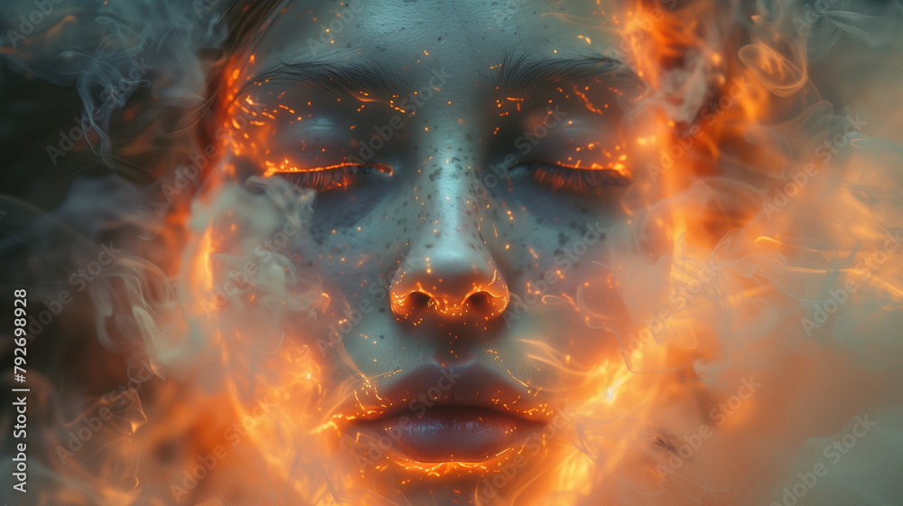 close up face in the fire burning, burn out concept close up face in the fire burning, burn out concept