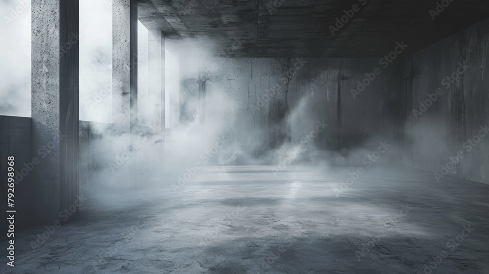 concrete floor, studio room, smoke float up the interior, texture for display products, copy and text space, 16:9