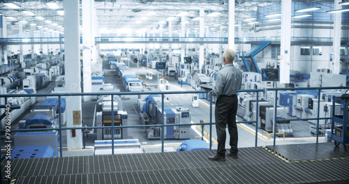 Senior Factory Manager Working on Laptop at a Futuristic Industrial Manufacture with Autonomous AI Robots. Specialist Monitoring All the Data on a Computer, Checking Reports and Planning Workload