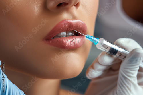 face and lips of an attractive woman receiving a Botox aesthetic treatment.