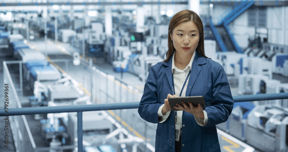 Thoughtful Asian Engineer Monitoring and Analyzing Conditions at a Pristine Modern Electronics Factory with Automated Robot Hands Working with the Help of Artificial Intelligence Software Thoughtful Asian Engineer Monitoring and Analyzing Conditions at a Pristine Modern Electronics Factory with Automated Robot Hands Working with the Help of Artificial Intelligence Software