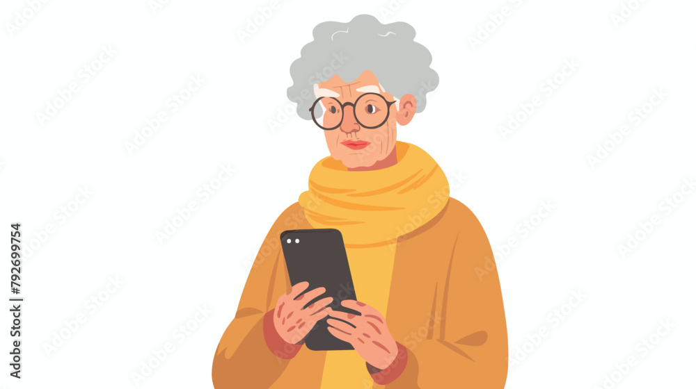 Elderly woman looks into the smartphone. Vector flat