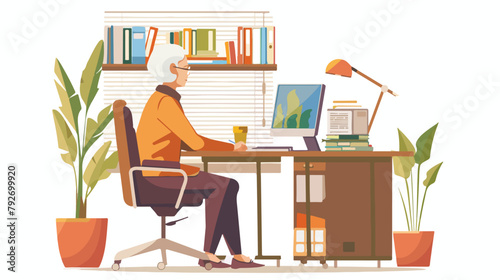Elderly woman working at her office. Vector flat style
