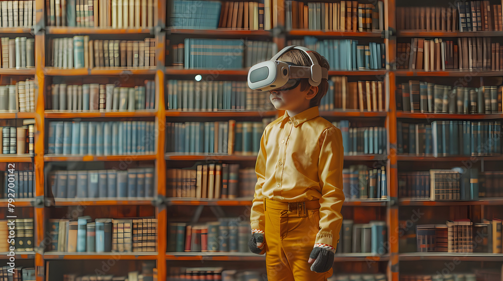 boy using VR headset simulators for studying. The child is wearing virtual reality glasses and standing in a library. boy using VR headset simulators for studying. The child is wearing virtual reality glasses and standing in a library.