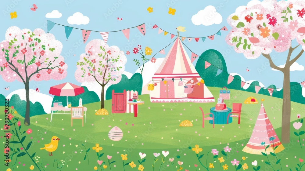 A whimsical illustration of a whimsical outdoor springtime scene with a tent, flowers, and a picnic.