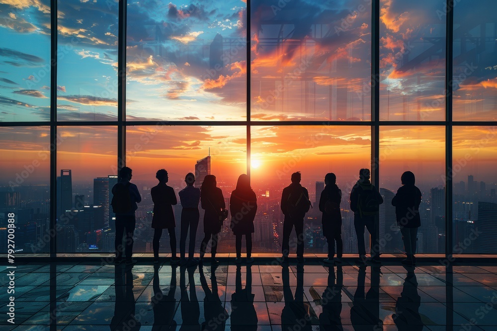 Professionals in silhouette stand in a high-rise office, looking out at a spectacular cityscape bathed in the warm hues of the setting sun.