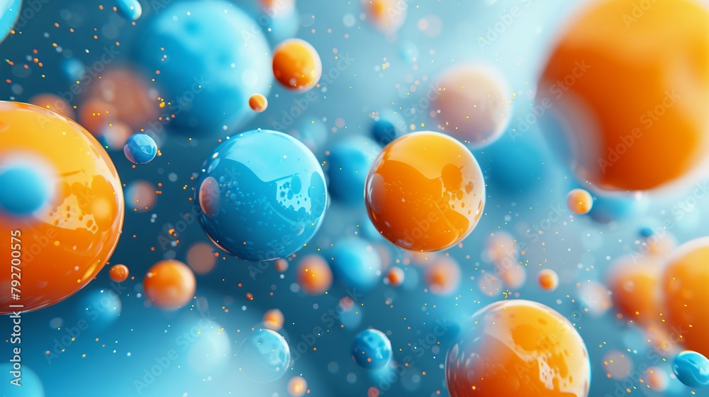 3d abstract background, blue and orange spheres floating in the air, digital art style colorful fantasy realism, dark cyan, and yellow, copy space for Advertisement media message 3d abstract background, blue and orange spheres floating in the air, digital art style colorful fantasy realism, dark cyan, and yellow, copy space for Advertisement media message