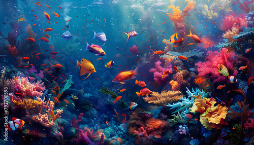 Beneath the shimmering surface of the ocean  a vibrant world teeming with life unfolds in all its splendor