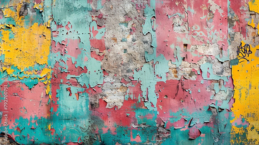 Colorful peeling paint on a wall.