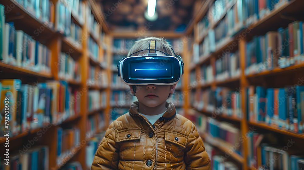 boy using VR headset simulators for studying. The child is wearing virtual reality glasses and standing in a library. boy using VR headset simulators for studying. The child is wearing virtual reality glasses and standing in a library.