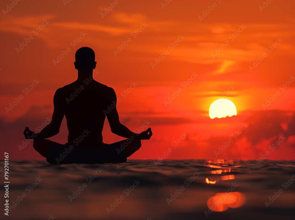 Silhouette of man meditating in lotus position against sunset sky, with ocean and sun behind him, focusing on tranquility for meditation or yoga practice.