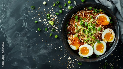 Delightful arrangement of Ramen featuring soy sauce broth, soft-boiled eggs, and vibrant green onions, perfect for food advertising, isolated background photo