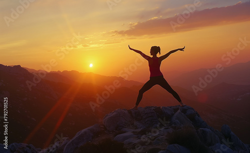Woman doing yoga warrior pose on top of mountain at sunset, silhouette of woman in red tank top.
