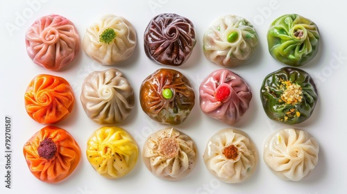 Delicious assortment of Baozi, showing various fillings like vegetables and red bean paste, captured from above, isolated on a clean background