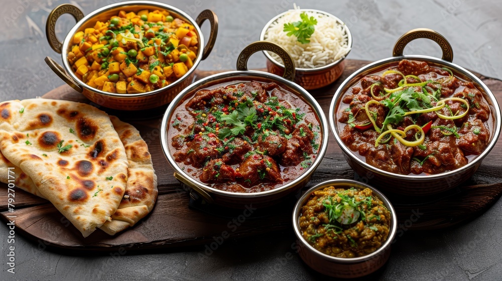 Delicious array of Indian curries, a mix of meat and vegetable varieties, accompanied by freshly baked naan, presented on an isolated background for a clean visual appeal, studio lighting Delicious array of Indian curries, a mix of meat and vegetable varieties, accompanied by freshly baked naan, presented on an isolated background for a clean visual appeal, studio lighting