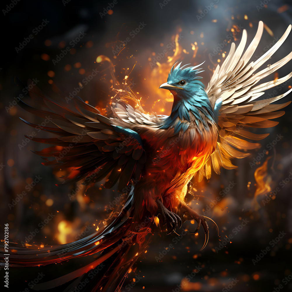3d rendering of a beautiful blue bird with wings spread in fire 3d rendering of a beautiful blue bird with wings spread in fire