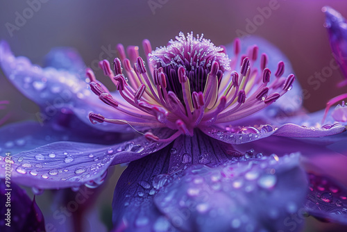 Close up of a blooming purple petaled flowers
