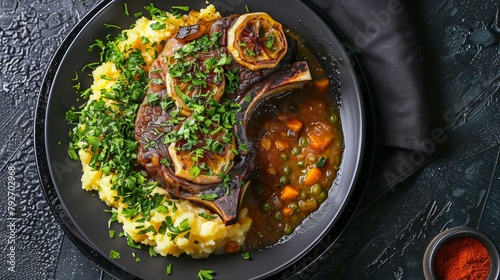 Delectable top view of Osso Buco, perfectly braised veal shanks with vegetables and broth, garnished with gremolata, next to a serving of Risotto Milanese, studio lighting