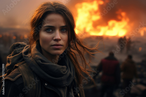 Portrait of young woman, flames and destruction in the background © happy_finch