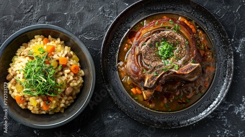 Delectable top view of Osso Buco, perfectly braised veal shanks with vegetables and broth, garnished with gremolata, next to a serving of Risotto Milanese, studio lighting