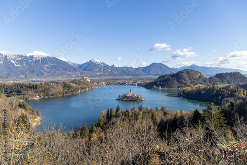 Winter Landscape, Lake Bled, and behind it the Alps mountains.View from above