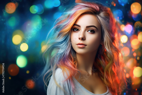 Portrait of a young woman with rainbow-colored hair, bokeh background