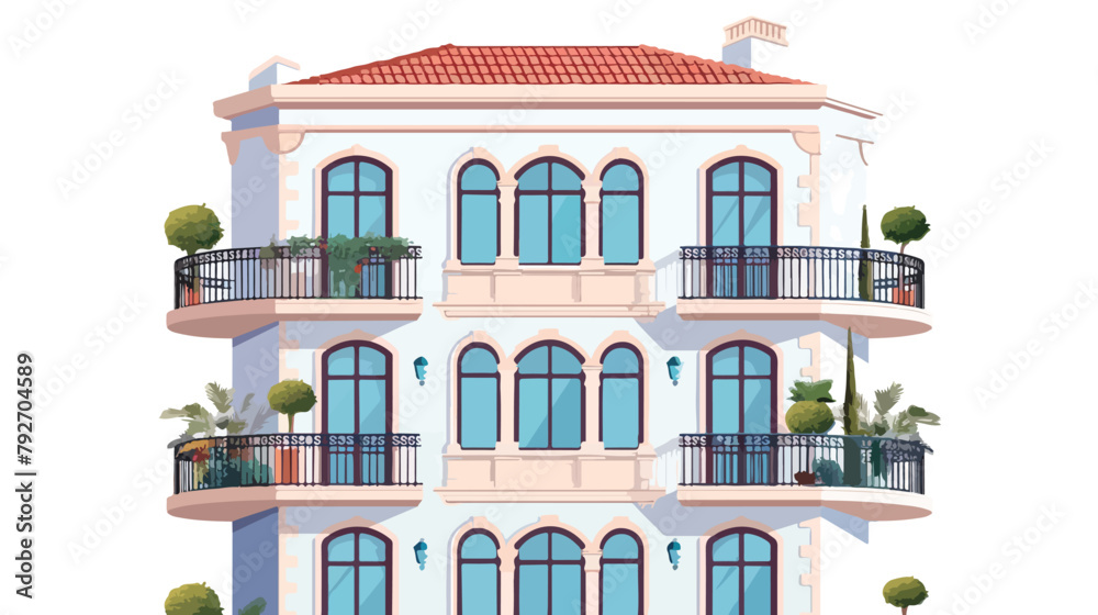 Facade of the vintage house with balconies. Vector fl