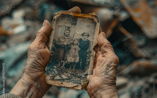 Macro shot of a praying woman's hands, with a torn photo of her family in the background, amidst the wreckage, high-resolution photo