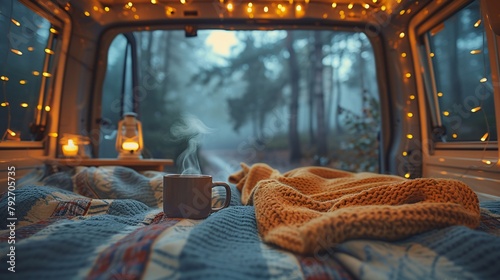A steaming cup of tea adds warmth to a cozy camper van interior with twinkling lights and snug blanket
