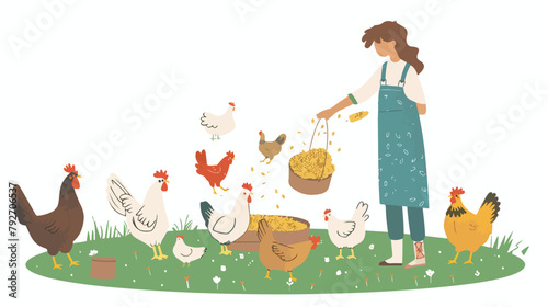 Female farmer feeding chickens pouring corns grains 