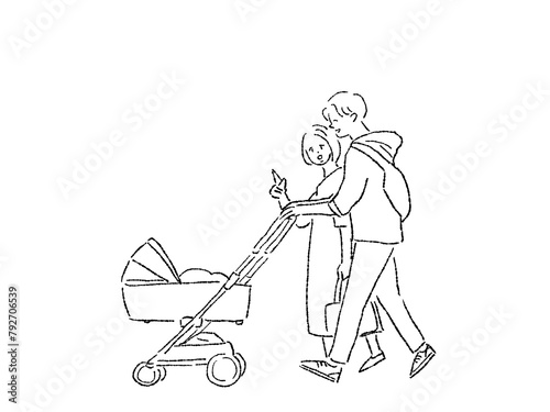 ベビーカー、ペットカートを押して歩く男性と女性（お父さん、お母さん、家族）、線画 photo