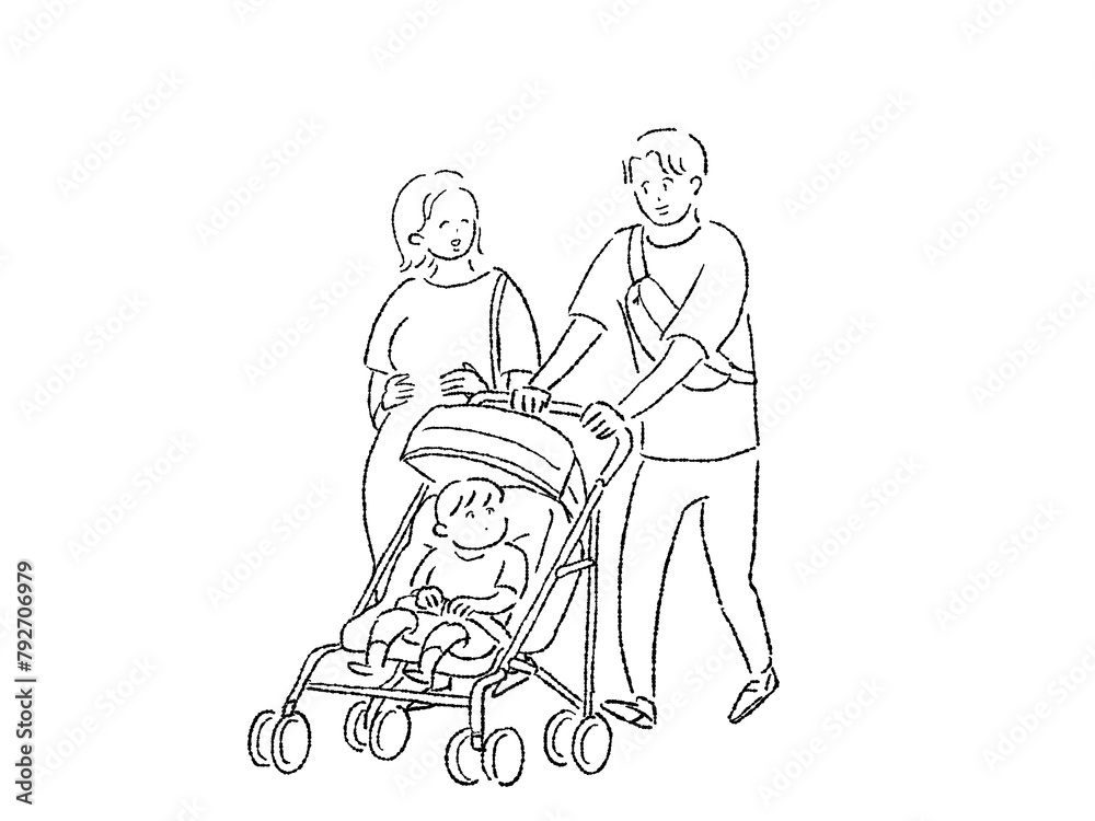 ベビーカーを押す男性と妊娠した女性、小さい子供(お父さん、お母さん、家族)、線画 ベビーカーを押す男性と妊娠した女性、小さい子供(お父さん、お母さん、家族)、線画