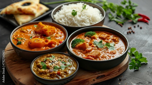 Artistic representation of a culinary journey through Asia with a selection of curries, beautifully paired with rice and bread for dipping, on an isolated background, studio lighting