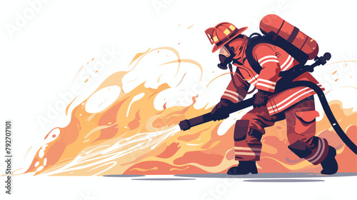 Firefighter extinguishing fighting fire with hose