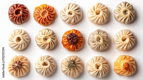 Artistic display of Baozi with sweet and savory fillings, top view, highlighted against an isolated white background, studio lighting
