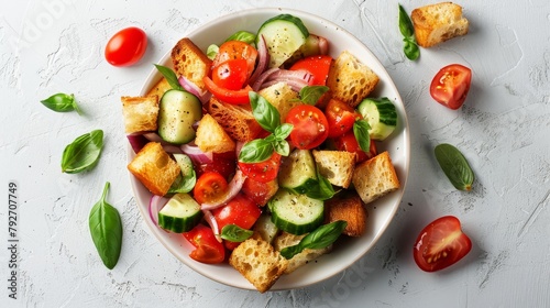 Appetizing top view of Panzanella, the Tuscan bread salad with ripe tomatoes, cucumbers, onions, and basil, soaked in olive oil, on a clean isolated background