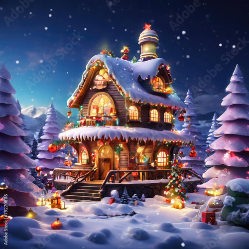 3d illustration of a christmas tree house with ornaments and colored lights surrounded by snow