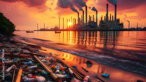 A garbage dump on the seashore resulting from the factories of an industrial area that pollutes the environment photo